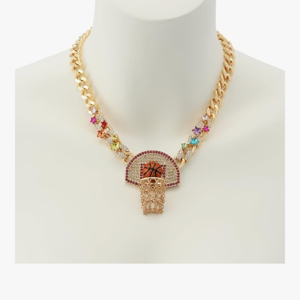 Betsey Johnson Gold Tone Basketball Hoop Pendant Necklace with Multicolor Stones